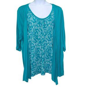Woman Within Layered Look Floral Tunic Top Womens 3X 30 32 Green Plus Knit X!01X